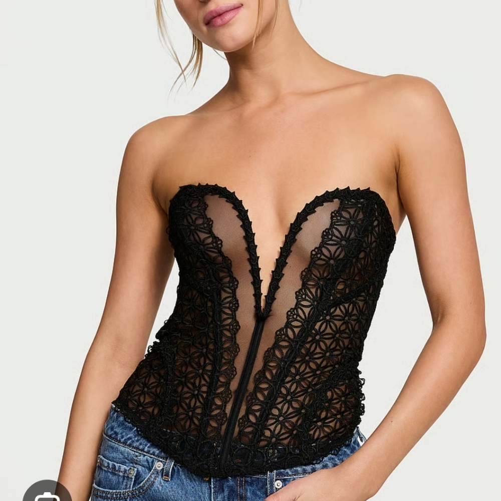 New!Victoria's Secret Very Sexy  Geo Daisy Black Lace‎ Deep V Corset Top